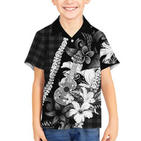 Hawaii Ukulele Family Matching Off The Shoulder Long Sleeve Dress and Hawaiian Shirt Tropical Flowers With Palaka Effect Black Version - Polynesian Pride