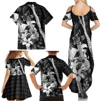 Hawaii Ukulele Family Matching Summer Maxi Dress and Hawaiian Shirt Tropical Flowers With Palaka Effect Black Version - Polynesian Pride