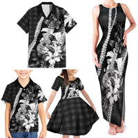 Hawaii Ukulele Family Matching Tank Maxi Dress and Hawaiian Shirt Tropical Flowers With Palaka Effect Black Version - Polynesian Pride