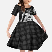 Hawaii Ukulele Kid Short Sleeve Dress Tropical Flowers With Palaka Effect Black Version - Polynesian Pride