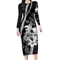 Hawaii Ukulele Long Sleeve Bodycon Dress Tropical Flowers With Palaka Effect Black Version LT05 Long Dress Black - Polynesian Pride