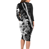 Hawaii Ukulele Long Sleeve Bodycon Dress Tropical Flowers With Palaka Effect Black Version LT05 - Polynesian Pride