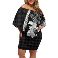 Hawaii Ukulele Off Shoulder Short Dress Tropical Flowers With Palaka Effect Black Version - Polynesian Pride