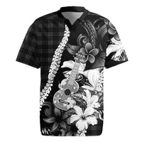 Hawaii Ukulele Rugby Jersey Tropical Flowers With Palaka Effect Black Version - Polynesian Pride