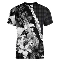 Hawaii Ukulele Women V-Neck T-Shirt Tropical Flowers With Palaka Effect Black Version - Polynesian Pride