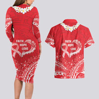 Heart Health Awareness Couples Matching Long Sleeve Bodycon Dress and Hawaiian Shirt Polynesian Red Ribbon