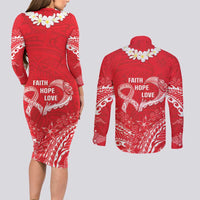 Heart Health Awareness Couples Matching Long Sleeve Bodycon Dress and Long Sleeve Button Shirt Polynesian Red Ribbon