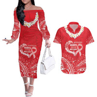 Heart Health Awareness Couples Matching Off The Shoulder Long Sleeve Dress and Hawaiian Shirt Polynesian Red Ribbon