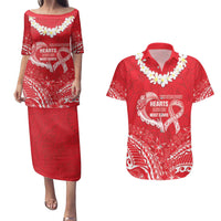 Heart Health Awareness Couples Matching Puletasi and Hawaiian Shirt Polynesian Red Ribbon