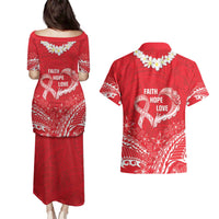 Heart Health Awareness Couples Matching Puletasi and Hawaiian Shirt Polynesian Red Ribbon