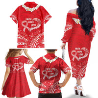 Heart Health Awareness Family Matching Off The Shoulder Long Sleeve Dress and Hawaiian Shirt Polynesian Red Ribbon