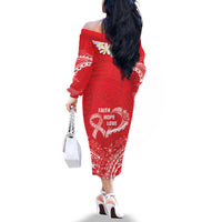 Heart Health Awareness Family Matching Off The Shoulder Long Sleeve Dress and Hawaiian Shirt Polynesian Red Ribbon