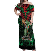 New Zealand ANZAC Day Off Shoulder Maxi Dress Aotearoa Hei Tiki LT05 Women Green - Polynesian Pride