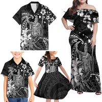 Hawaii King Kamehameha Day Family Matching Off Shoulder Maxi Dress and Hawaiian Shirt Polynesian Pattern Mix Hibiscus Black