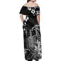 Hawaii King Kamehameha Day Family Matching Off Shoulder Maxi Dress and Hawaiian Shirt Polynesian Pattern Mix Hibiscus Black