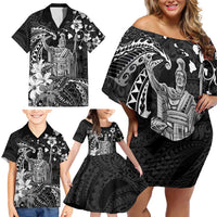 Hawaii King Kamehameha Day Family Matching Off Shoulder Short Dress and Hawaiian Shirt Polynesian Pattern Mix Hibiscus Black