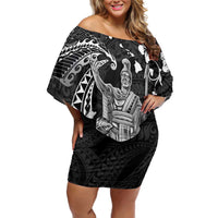 Hawaii King Kamehameha Day Family Matching Off Shoulder Short Dress and Hawaiian Shirt Polynesian Pattern Mix Hibiscus Black