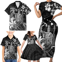 Hawaii King Kamehameha Day Family Matching Short Sleeve Bodycon Dress and Hawaiian Shirt Polynesian Pattern Mix Hibiscus Black