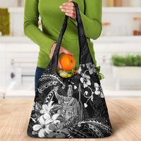 Hawaii King Kamehameha Day Grocery Bag Polynesian Pattern Mix Hibiscus Black