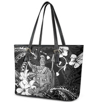 Hawaii King Kamehameha Day Leather Tote Bag Polynesian Pattern Mix Hibiscus Black