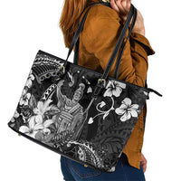 Hawaii King Kamehameha Day Leather Tote Bag Polynesian Pattern Mix Hibiscus Black