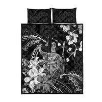 Hawaii King Kamehameha Day Quilt Bed Set Polynesian Pattern Mix Hibiscus Black