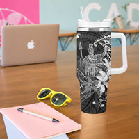 Hawaii King Kamehameha Day Tumbler With Handle Polynesian Pattern Mix Hibiscus Black