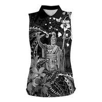Hawaii King Kamehameha Day Women Sleeveless Polo Shirt Polynesian Pattern Mix Hibiscus Black