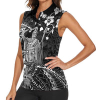 Hawaii King Kamehameha Day Women Sleeveless Polo Shirt Polynesian Pattern Mix Hibiscus Black