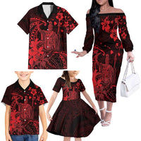 Hawaii King Kamehameha Day Family Matching Off The Shoulder Long Sleeve Dress and Hawaiian Shirt Polynesian Pattern Mix Hibiscus Red