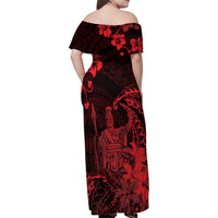 Hawaii King Kamehameha Day Family Matching Off Shoulder Maxi Dress and Hawaiian Shirt Polynesian Pattern Mix Hibiscus Red
