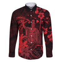 Hawaii King Kamehameha Day Family Matching Off Shoulder Short Dress and Hawaiian Shirt Polynesian Pattern Mix Hibiscus Red