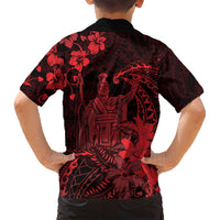 Hawaii King Kamehameha Day Family Matching Summer Maxi Dress and Hawaiian Shirt Polynesian Pattern Mix Hibiscus Red