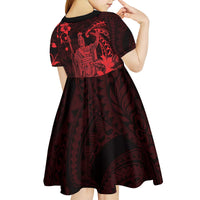 Hawaii King Kamehameha Day Kid Short Sleeve Dress Polynesian Pattern Mix Hibiscus Red