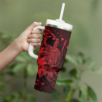 Hawaii King Kamehameha Day Tumbler With Handle Polynesian Pattern Mix Hibiscus Red