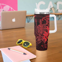 Hawaii King Kamehameha Day Tumbler With Handle Polynesian Pattern Mix Hibiscus Red