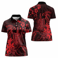 Hawaii King Kamehameha Day Women Polo Shirt Polynesian Pattern Mix Hibiscus Red