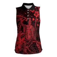 Hawaii King Kamehameha Day Women Sleeveless Polo Shirt Polynesian Pattern Mix Hibiscus Red