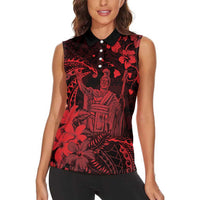 Hawaii King Kamehameha Day Women Sleeveless Polo Shirt Polynesian Pattern Mix Hibiscus Red