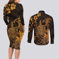 Hawaii King Kamehameha Day Couples Matching Long Sleeve Bodycon Dress and Long Sleeve Button Shirt Polynesian Pattern Mix Hibiscus Gold