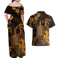 Hawaii King Kamehameha Day Couples Matching Off Shoulder Maxi Dress and Hawaiian Shirt Polynesian Pattern Mix Hibiscus Gold