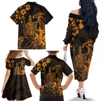 Hawaii King Kamehameha Day Family Matching Off The Shoulder Long Sleeve Dress and Hawaiian Shirt Polynesian Pattern Mix Hibiscus Gold