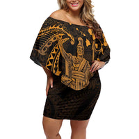 Hawaii King Kamehameha Day Family Matching Off Shoulder Short Dress and Hawaiian Shirt Polynesian Pattern Mix Hibiscus Gold