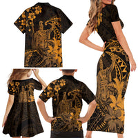 Hawaii King Kamehameha Day Family Matching Short Sleeve Bodycon Dress and Hawaiian Shirt Polynesian Pattern Mix Hibiscus Gold