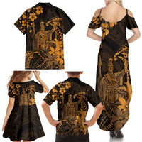 Hawaii King Kamehameha Day Family Matching Summer Maxi Dress and Hawaiian Shirt Polynesian Pattern Mix Hibiscus Gold