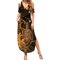 Hawaii King Kamehameha Day Family Matching Summer Maxi Dress and Hawaiian Shirt Polynesian Pattern Mix Hibiscus Gold