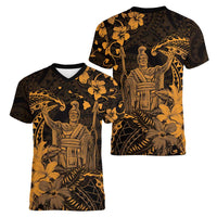 Hawaii King Kamehameha Day Women V-Neck T-Shirt Polynesian Pattern Mix Hibiscus Gold
