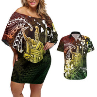 Hawaii King Kamehameha Day Couples Matching Off Shoulder Short Dress and Hawaiian Shirt Polynesian Pattern Mix Hibiscus Reggae