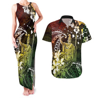 Hawaii King Kamehameha Day Couples Matching Tank Maxi Dress and Hawaiian Shirt Polynesian Pattern Mix Hibiscus Reggae