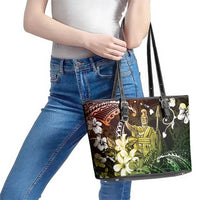 Hawaii King Kamehameha Day Leather Tote Bag Polynesian Pattern Mix Hibiscus Reggae